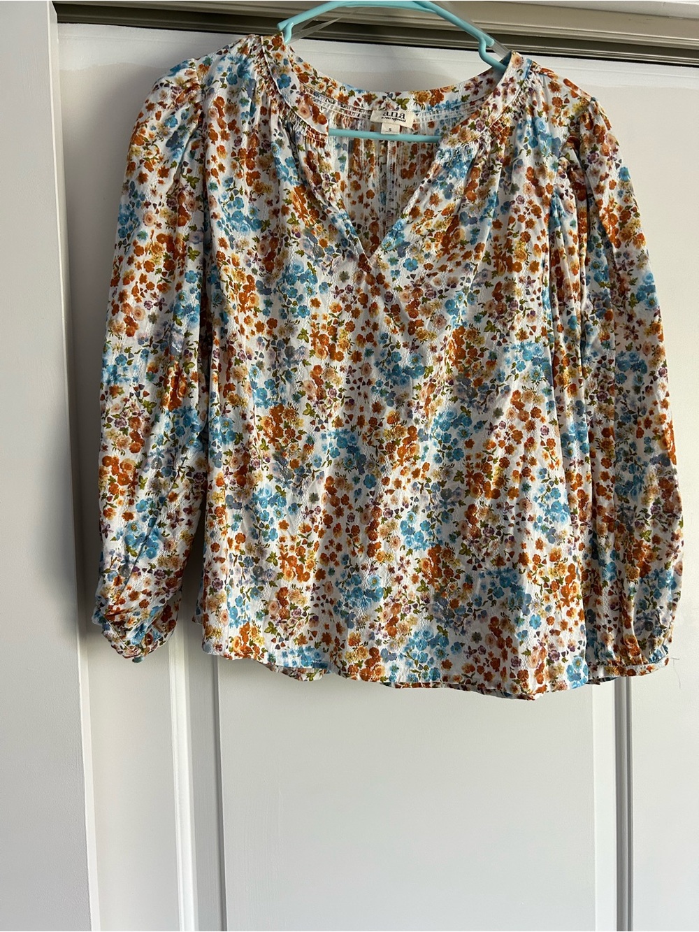 a.n.a Floral V-Neck Peasant Top - Blue & Rust